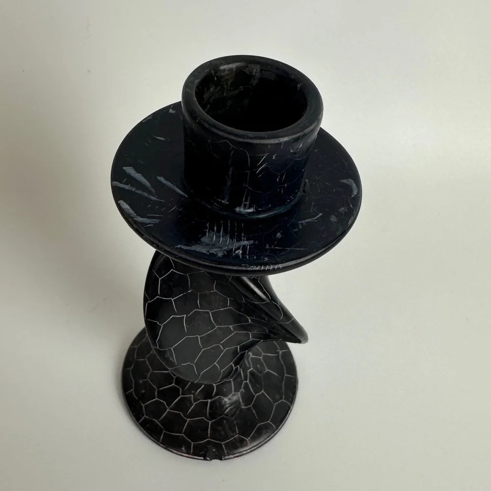 VTG Hand Carved‎ Soapstone Taper Candle Holder Blue Black